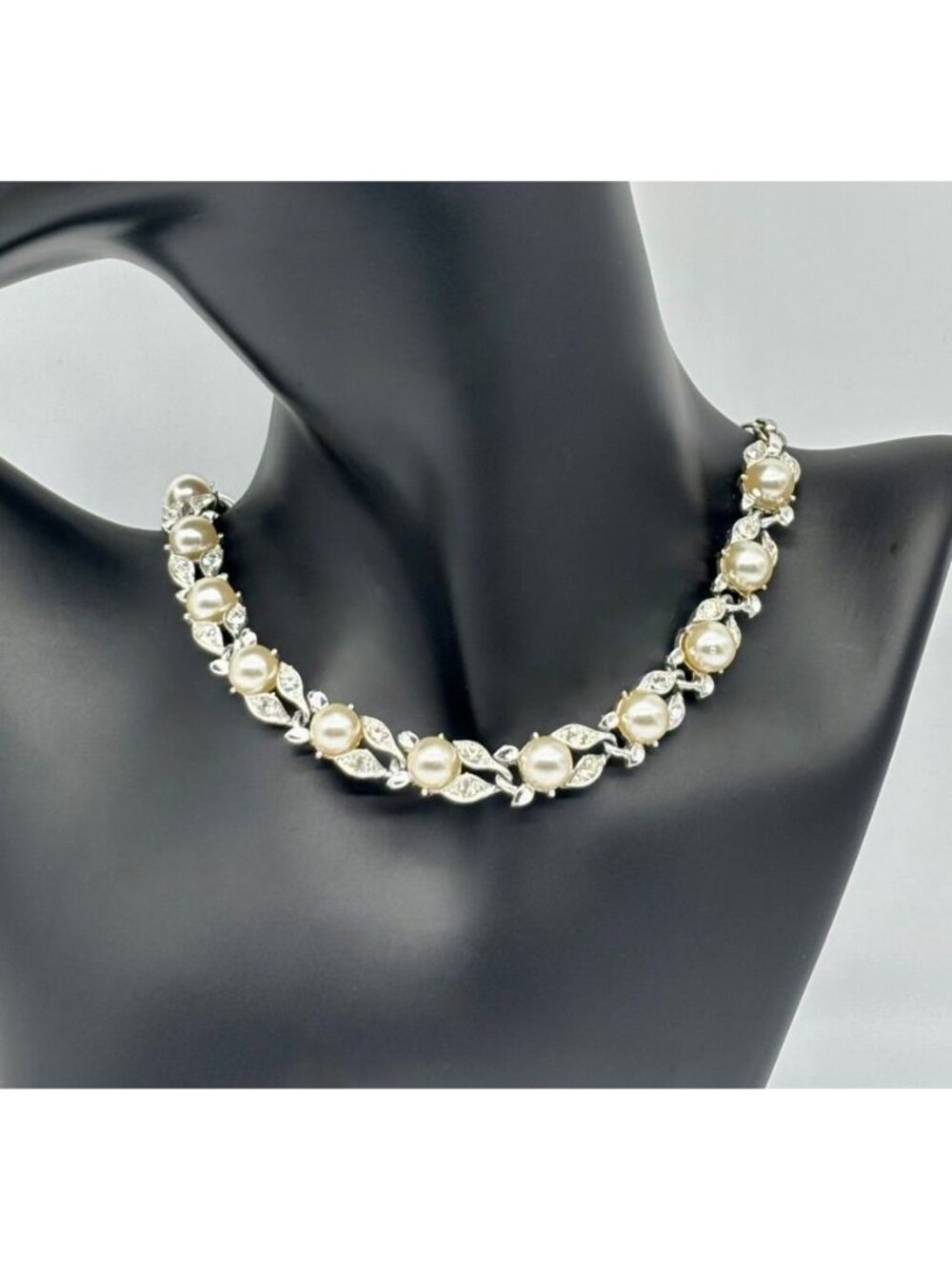 Vintage Lisner Choker Faux Pearl Pave Rhinestone W/Silver-Tone Adjustable Signed